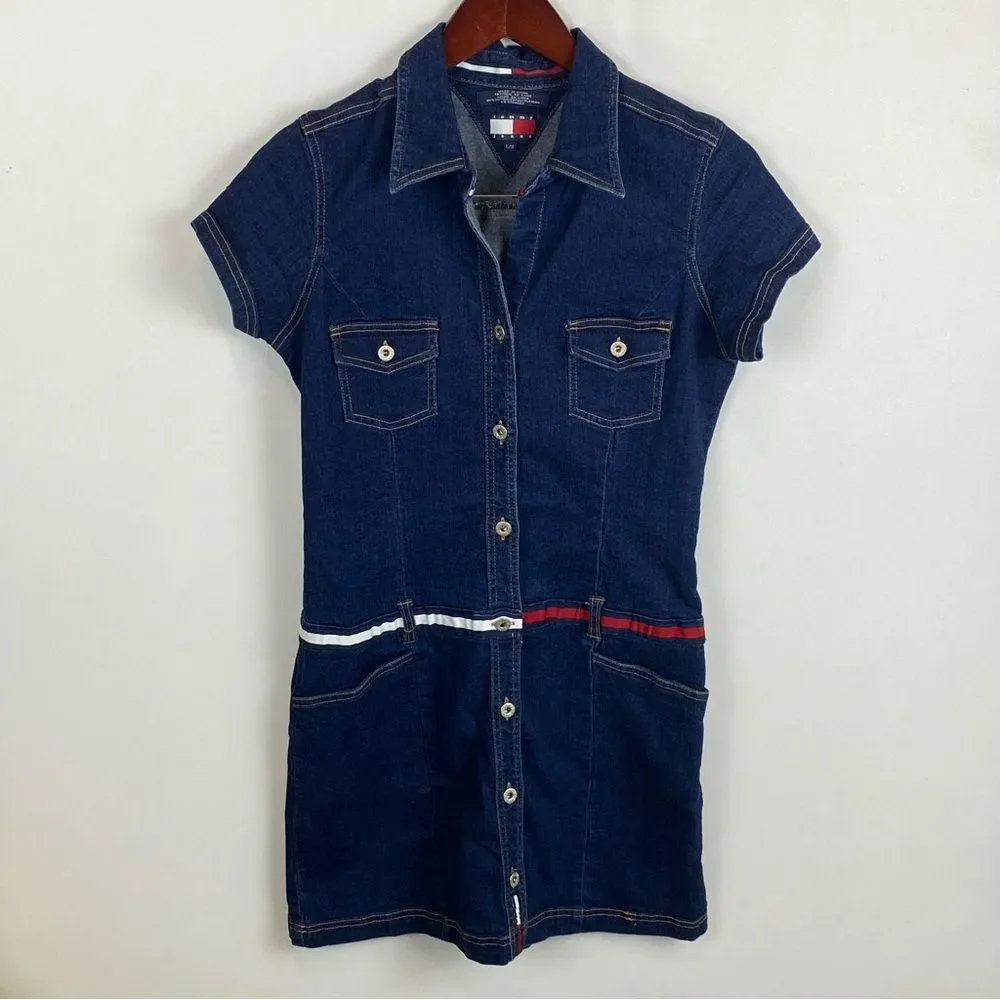 Tommy Hilfiger Navy Denim Shirt Dress with Signature Stripe - Picture 1 of 5